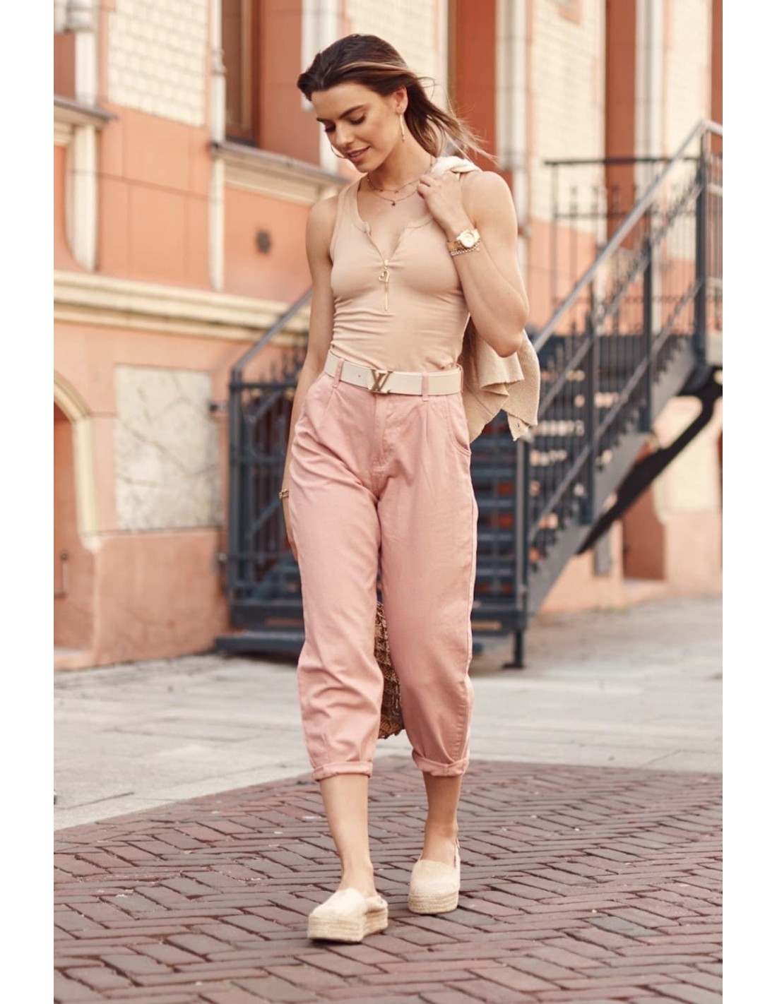 High waist slouchy denim pants, dirty pink 6520 - Online store - Boutique